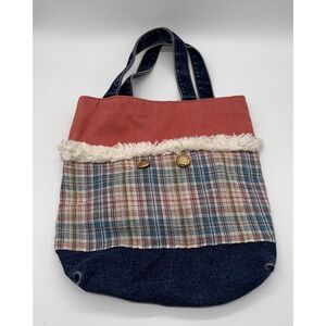 Boho Country Chic Upcycled Denim Plaid Quilted Tote Bag Fringe Handmade Purse